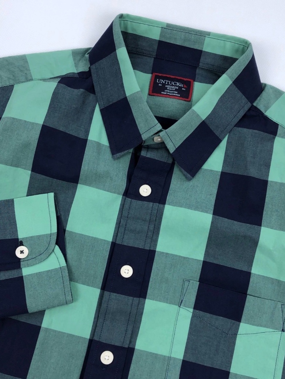 UNTUCKIT Bondara Green Navy Plaid Cotton Fit Mens Long Sleeve Shirt Medium Slim.